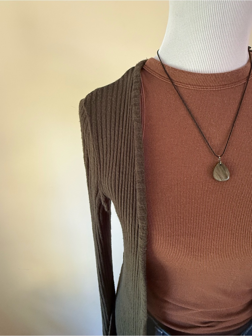 Long Ribbed Open Cardigan - Olive Green - Picture 4 of 5